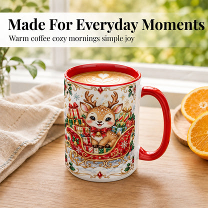 #pl[15oz|Red] Christmas Sleigh Reindeer Coffee Mug, Holiday Mug, Ceramic Cup