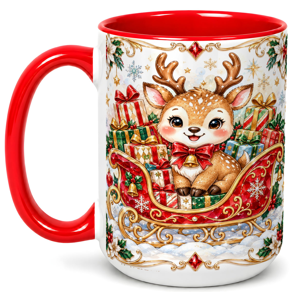 #pl[15oz|Red] Christmas Sleigh Reindeer Coffee Mug, Holiday Mug, Ceramic Cup