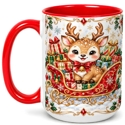 #pl[15oz|Red] Christmas Sleigh Reindeer Coffee Mug, Holiday Mug, Ceramic Cup