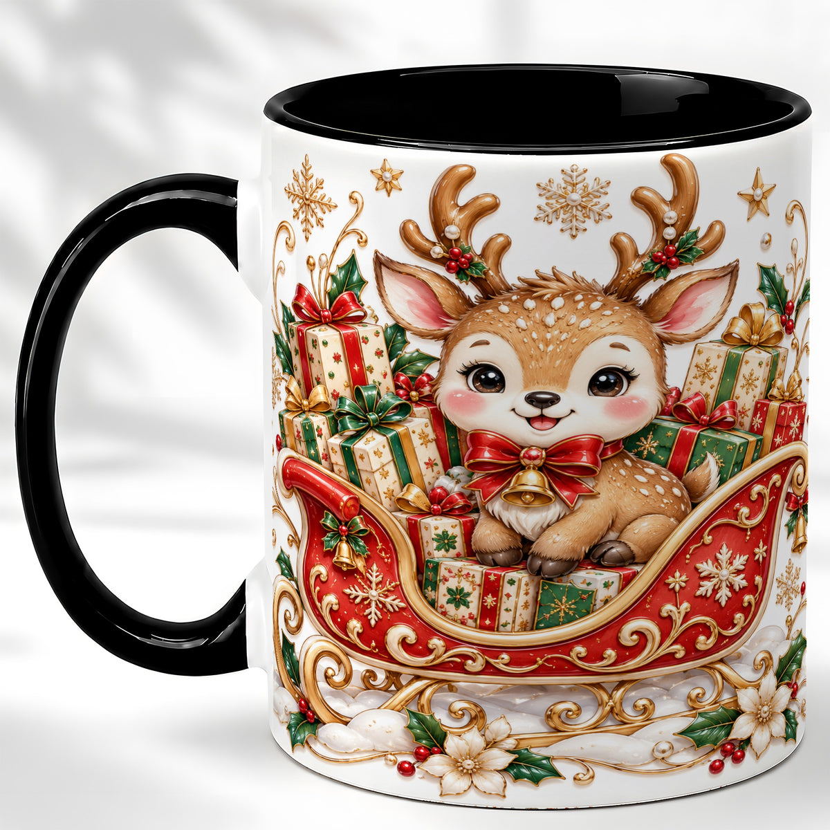 #pl[11oz|Black] Christmas Reindeer Sleigh Coffee Mug, Holiday Deer Mug, Ceramic Cup