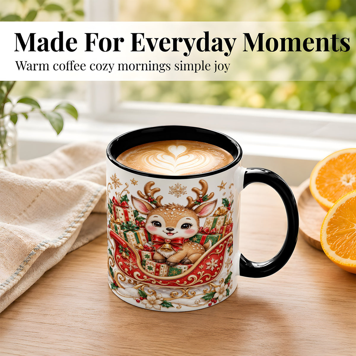 #pl[11oz|Black] Christmas Reindeer Sleigh Coffee Mug, Holiday Deer Mug, Ceramic Cup