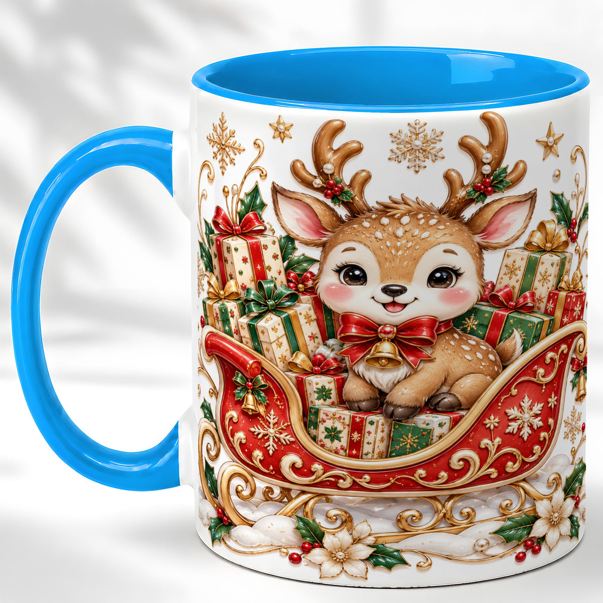 #pl[11oz|Blue] Christmas Reindeer Sleigh Coffee Mug, Holiday Deer Mug, Ceramic Cup