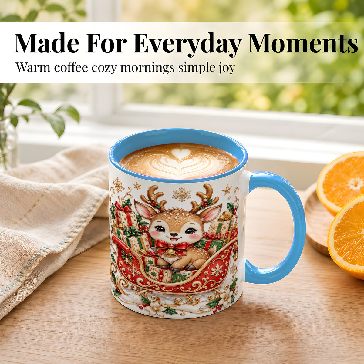 #pl[11oz|Blue] Christmas Reindeer Sleigh Coffee Mug, Holiday Deer Mug, Ceramic Cup