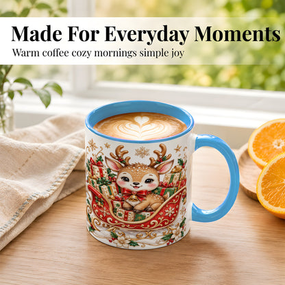 #pl[11oz|Blue] Christmas Reindeer Sleigh Coffee Mug, Holiday Deer Mug, Ceramic Cup
