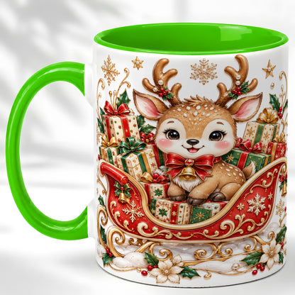 #pl[11oz|Green] Christmas Reindeer Sleigh Coffee Mug, Holiday Deer Mug, Ceramic Cup