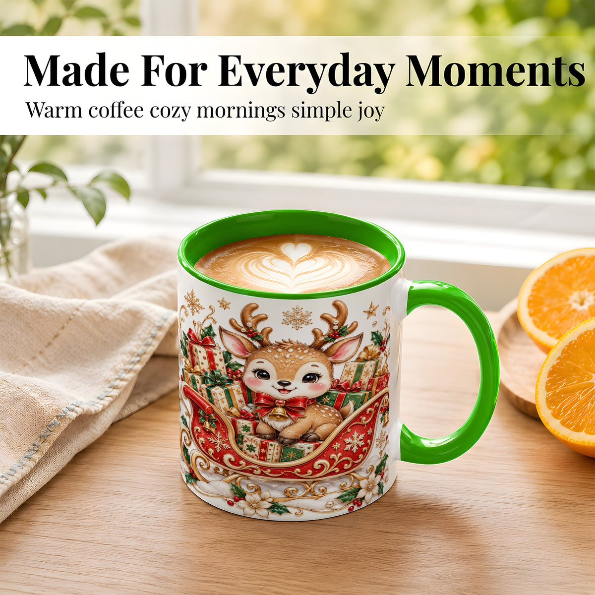 #pl[11oz|Green] Christmas Reindeer Sleigh Coffee Mug, Holiday Deer Mug, Ceramic Cup