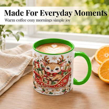 #pl[11oz|Green] Christmas Reindeer Sleigh Coffee Mug, Holiday Deer Mug, Ceramic Cup