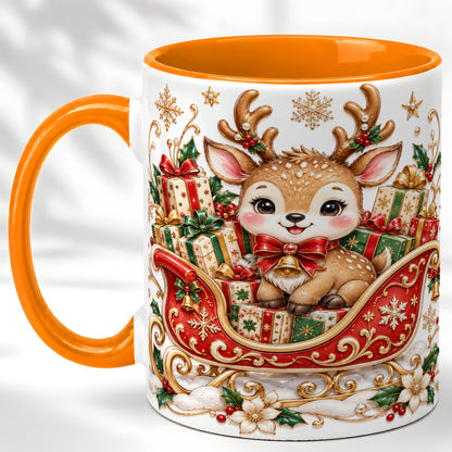 #pl[11oz|Orange] Christmas Reindeer Sleigh Coffee Mug, Holiday Deer Mug, Ceramic Cup