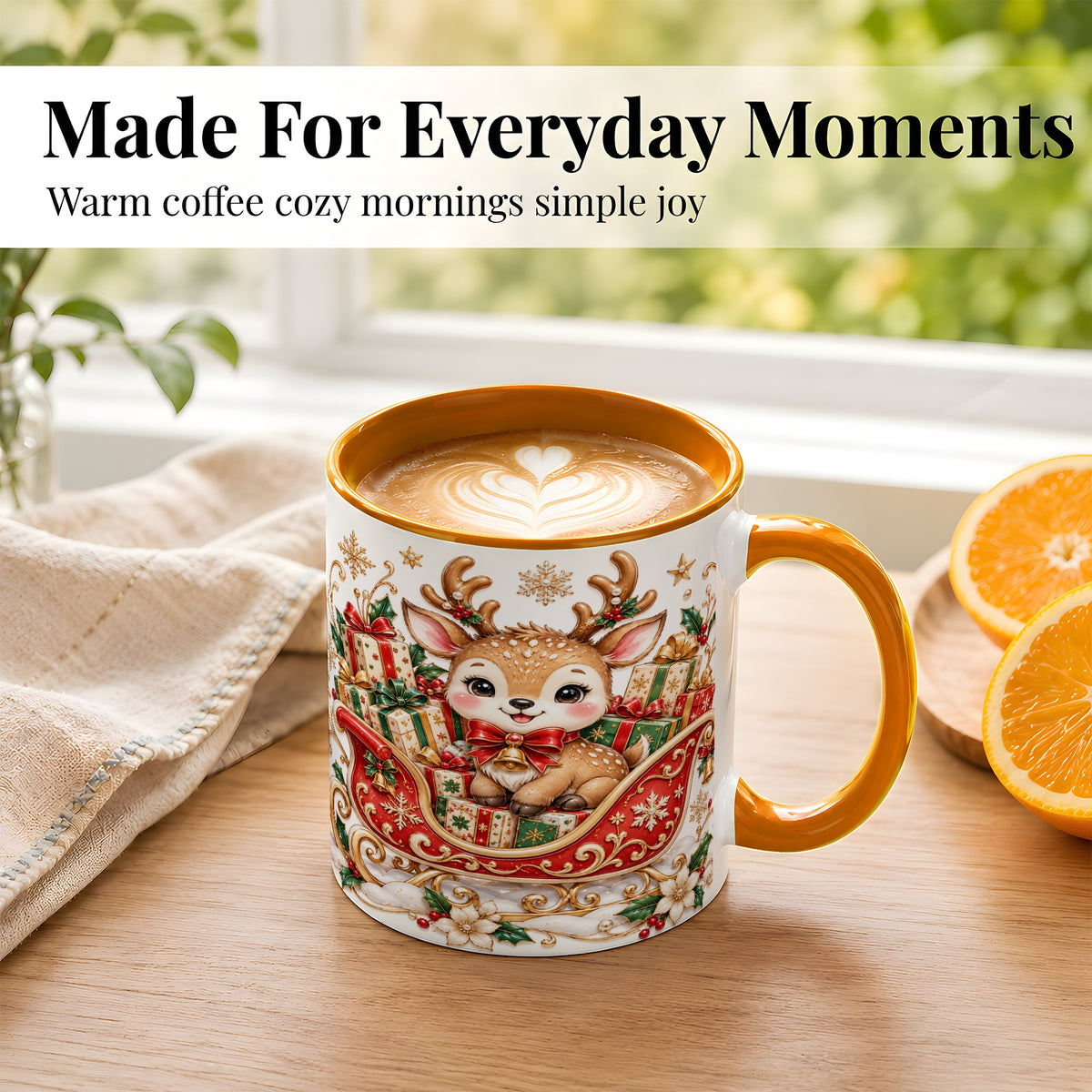 #pl[11oz|Orange] Christmas Reindeer Sleigh Coffee Mug, Holiday Deer Mug, Ceramic Cup
