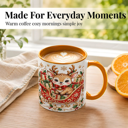#pl[11oz|Orange] Christmas Reindeer Sleigh Coffee Mug, Holiday Deer Mug, Ceramic Cup