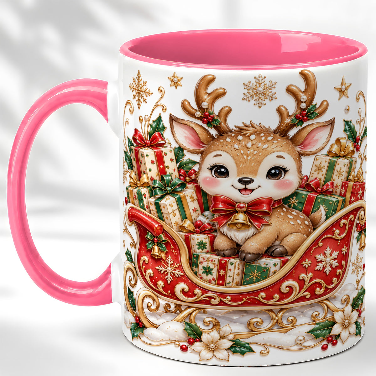 #pl[11oz|Pink] Christmas Reindeer Sleigh Coffee Mug, Holiday Deer Mug, Ceramic Cup