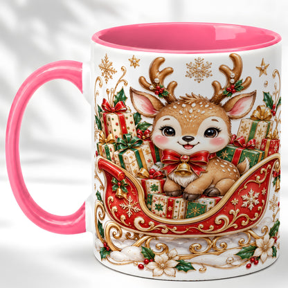 #pl[11oz|Pink] Christmas Reindeer Sleigh Coffee Mug, Holiday Deer Mug, Ceramic Cup
