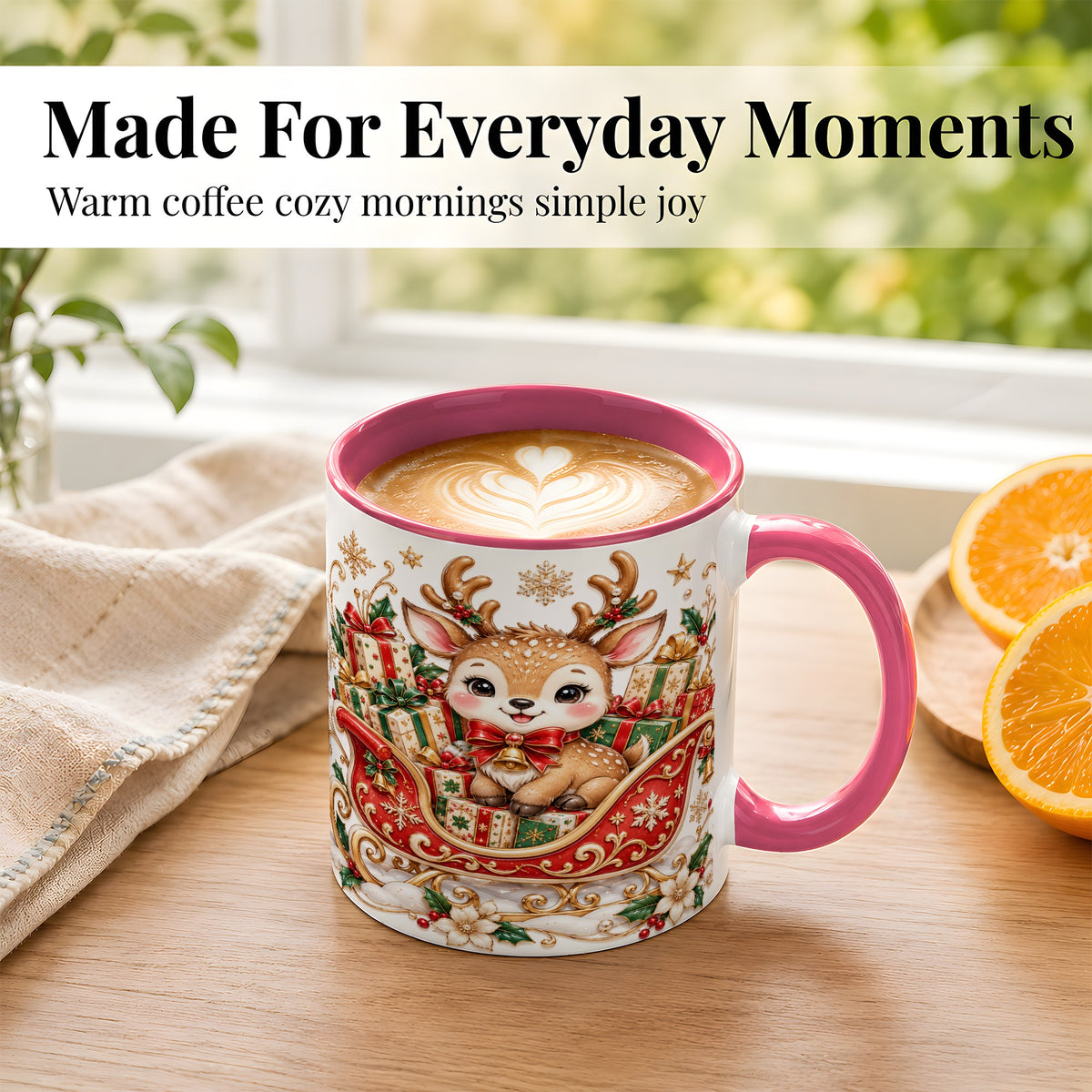 #pl[11oz|Pink] Christmas Reindeer Sleigh Coffee Mug, Holiday Deer Mug, Ceramic Cup