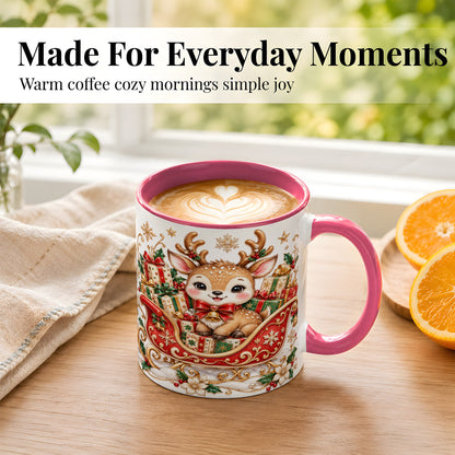 #pl[11oz|Pink] Christmas Reindeer Sleigh Coffee Mug, Holiday Deer Mug, Ceramic Cup