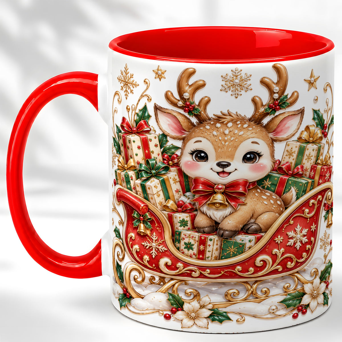 Christmas Reindeer Sleigh Coffee Mug, Holiday Deer Mug, Ceramic Cup