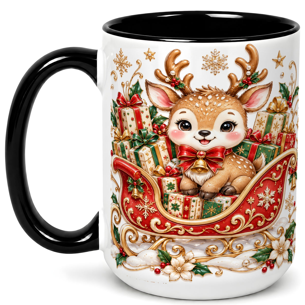 #pl[15oz|Black] Christmas Reindeer Sleigh Coffee Mug, Holiday Deer Mug, Ceramic Cup
