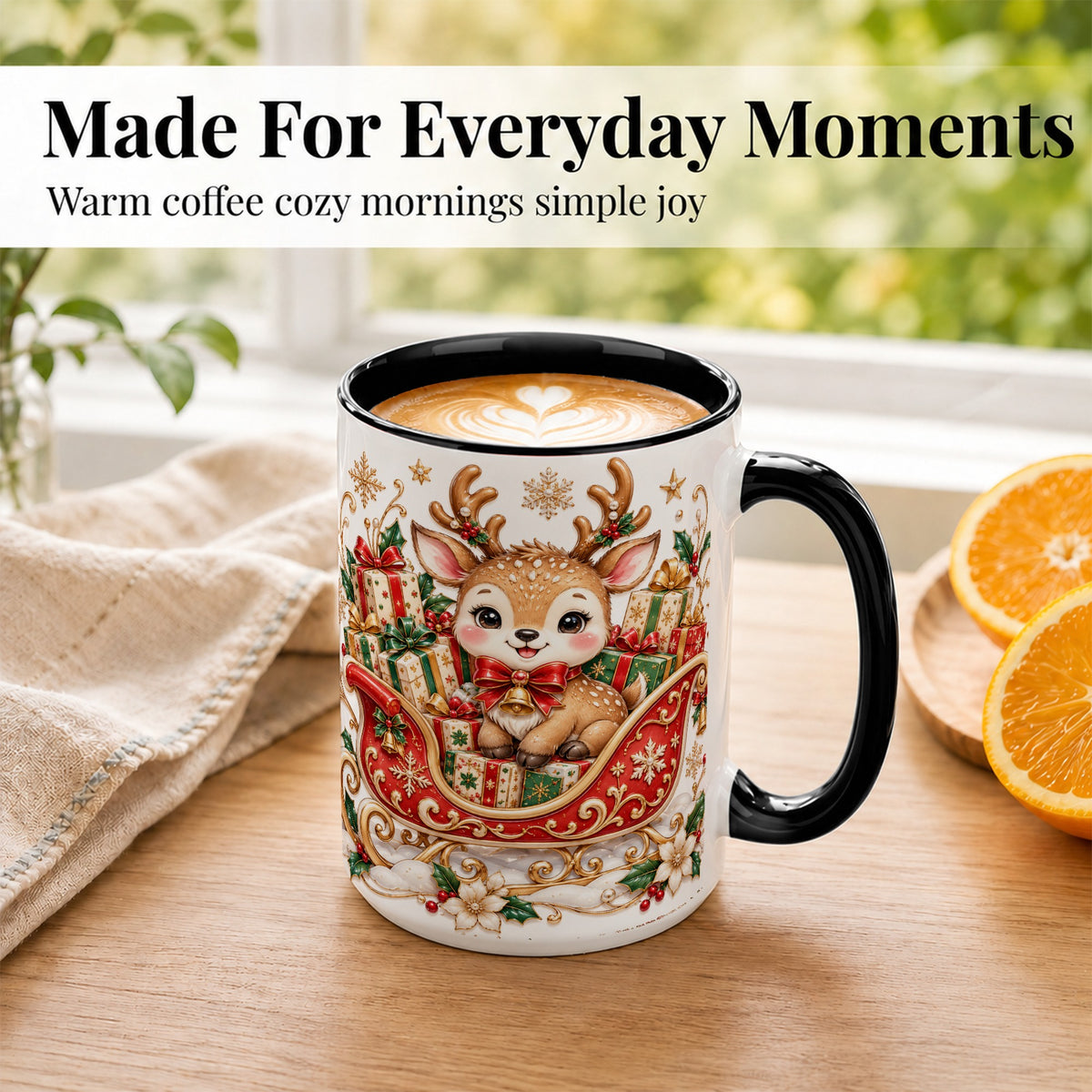 #pl[15oz|Black] Christmas Reindeer Sleigh Coffee Mug, Holiday Deer Mug, Ceramic Cup