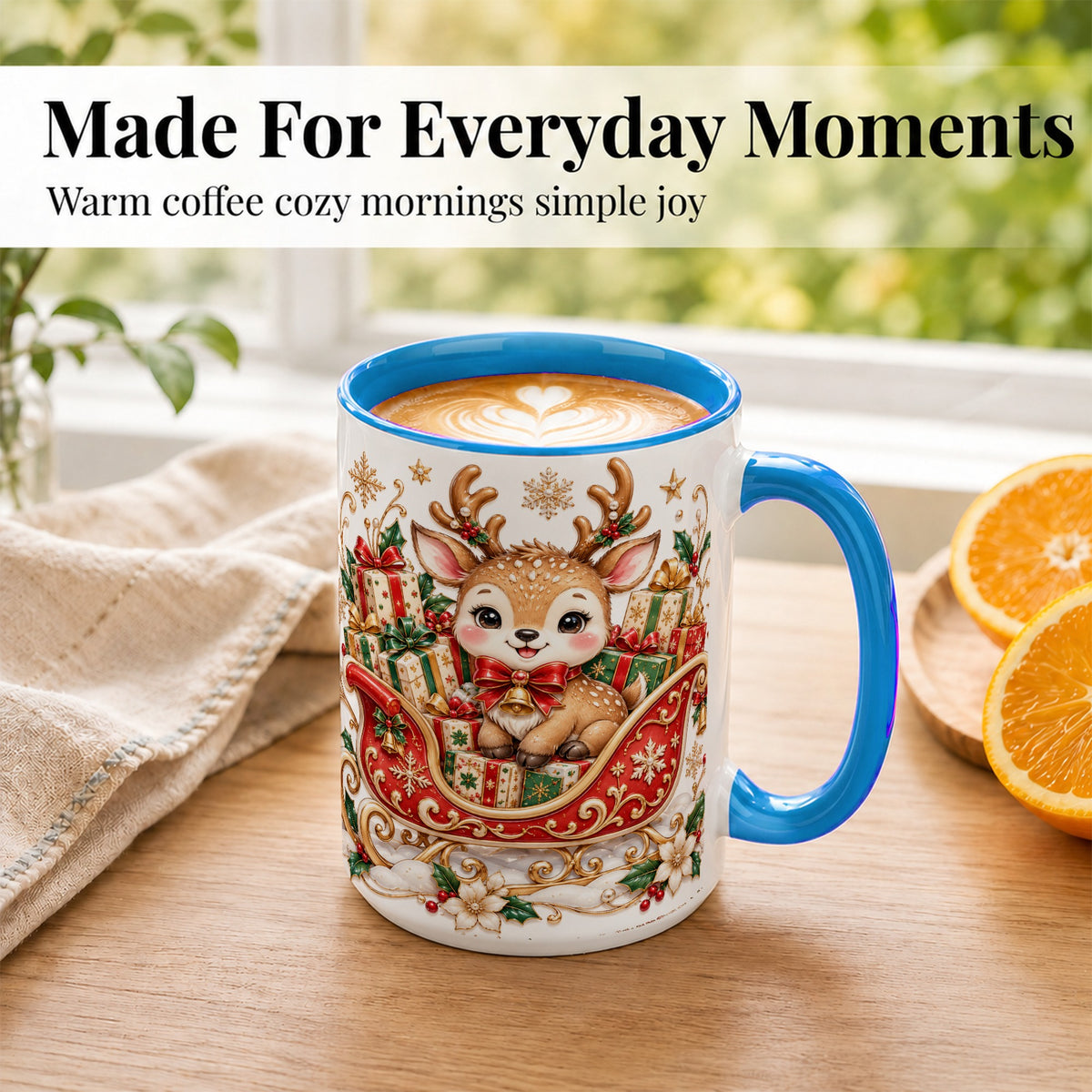 #pl[15oz|Blue] Christmas Reindeer Sleigh Coffee Mug, Holiday Deer Mug, Ceramic Cup