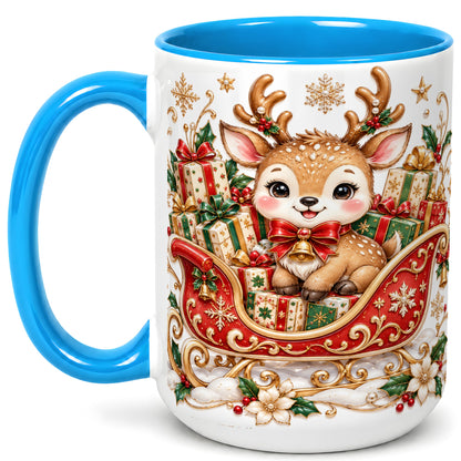 #pl[15oz|Blue] Christmas Reindeer Sleigh Coffee Mug, Holiday Deer Mug, Ceramic Cup