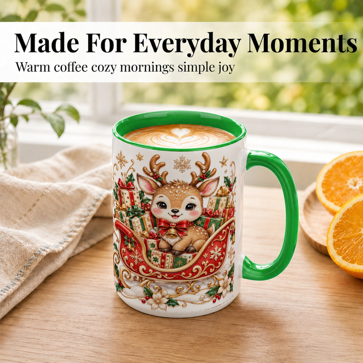 #pl[15oz|Green] Christmas Reindeer Sleigh Coffee Mug, Holiday Deer Mug, Ceramic Cup