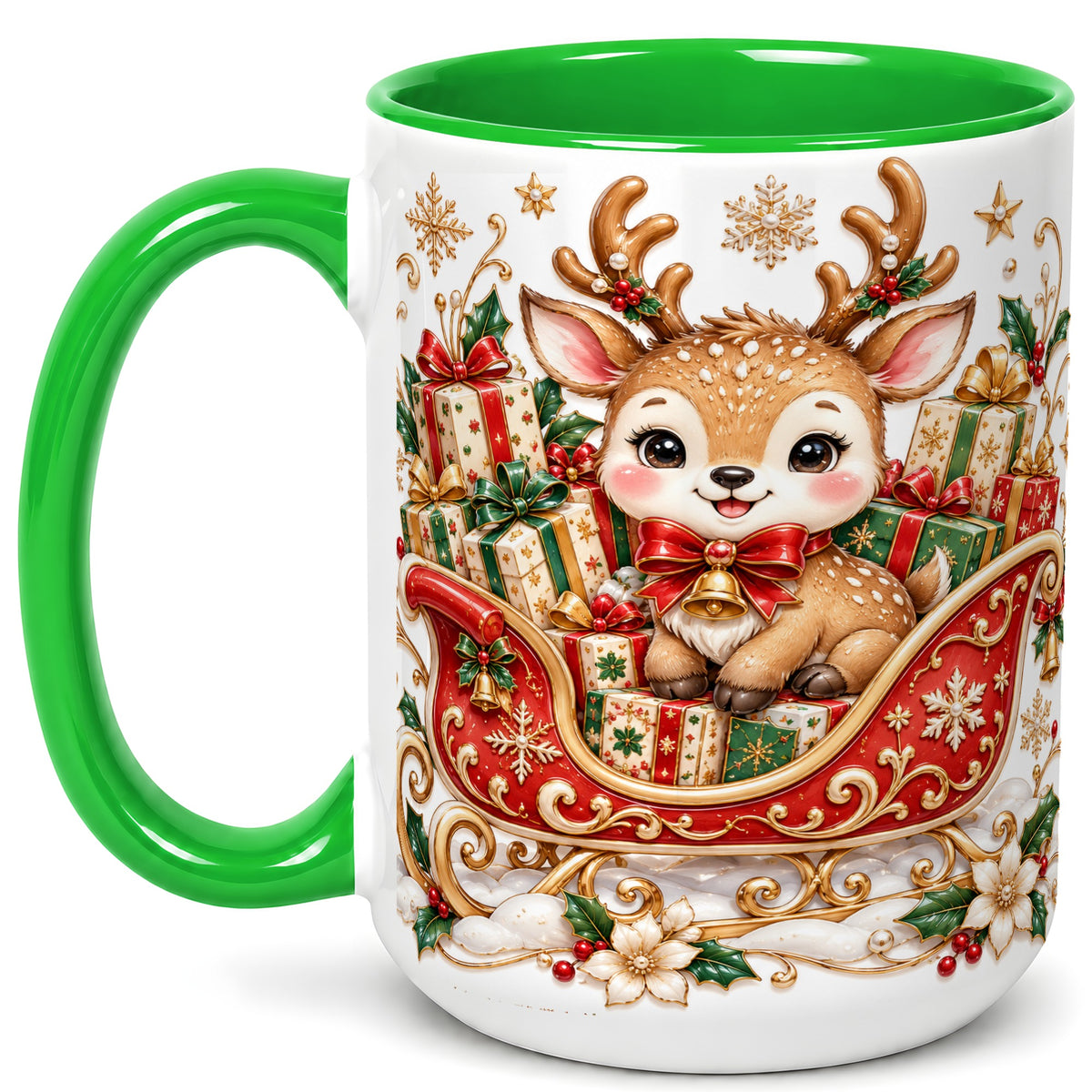 #pl[15oz|Green] Christmas Reindeer Sleigh Coffee Mug, Holiday Deer Mug, Ceramic Cup