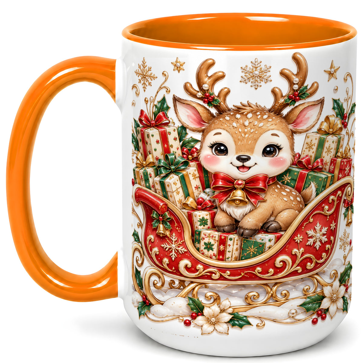 #pl[15oz|Orange] Christmas Reindeer Sleigh Coffee Mug, Holiday Deer Mug, Ceramic Cup