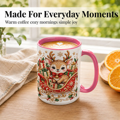 #pl[15oz|Pink] Christmas Reindeer Sleigh Coffee Mug, Holiday Deer Mug, Ceramic Cup