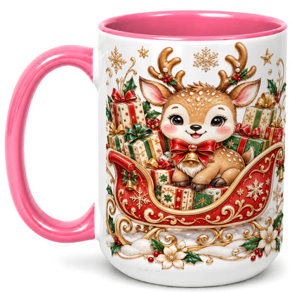 #pl[15oz|Pink] Christmas Reindeer Sleigh Coffee Mug, Holiday Deer Mug, Ceramic Cup