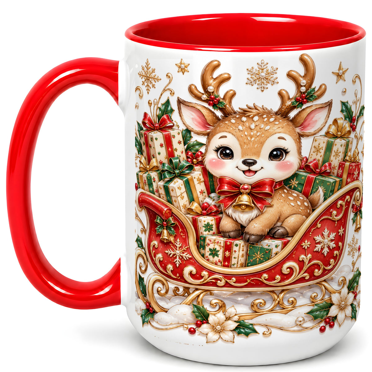 #pl[15oz|Red] Christmas Reindeer Sleigh Coffee Mug, Holiday Deer Mug, Ceramic Cup