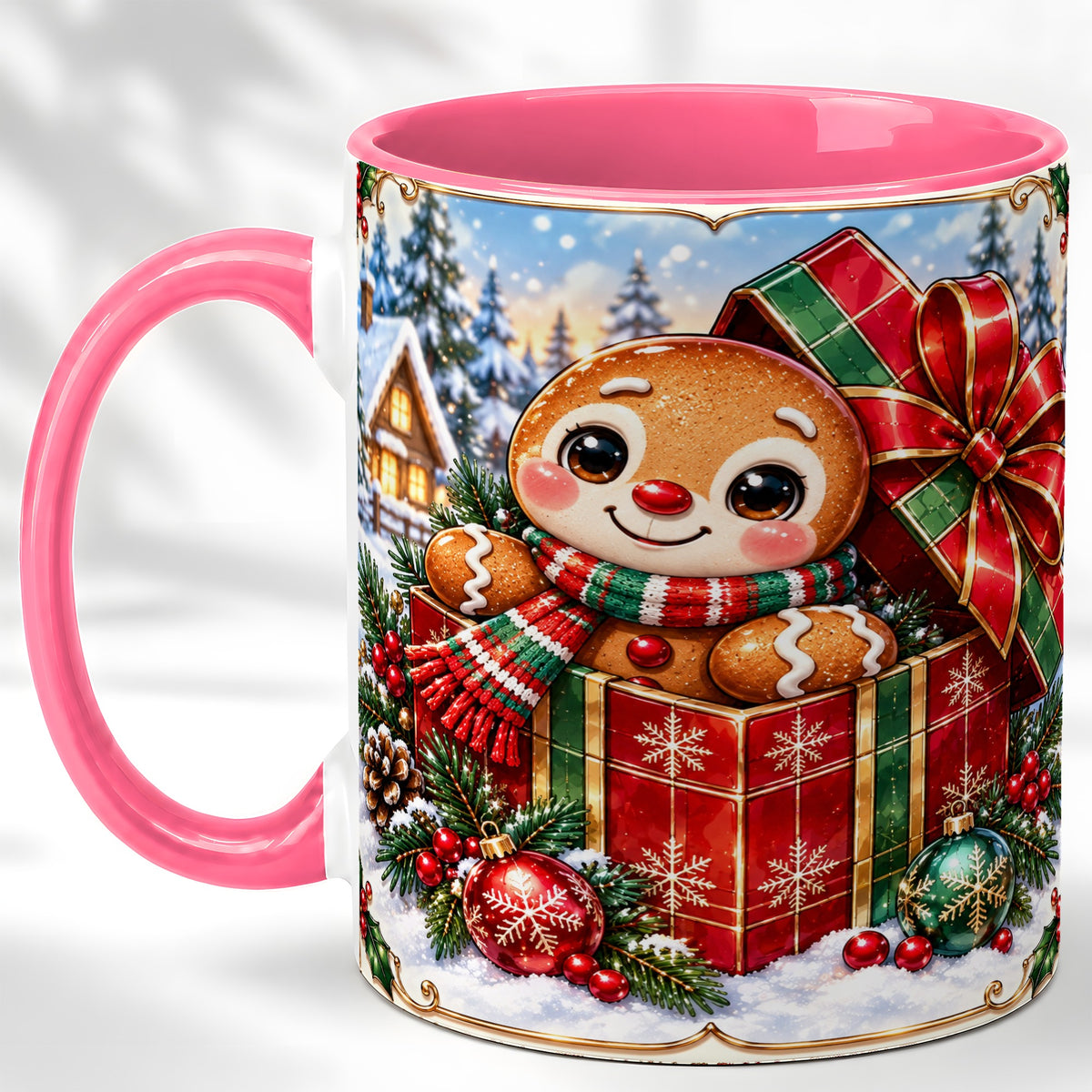 #pl[11oz|Pink] Christmas Gingerbread Coffee Mug, Holiday Cookie Mug, Ceramic Cup