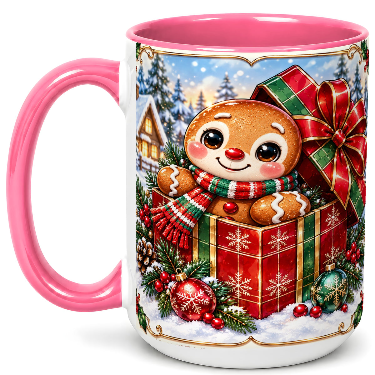 #pl[15oz|Pink] Christmas Gingerbread Coffee Mug, Holiday Cookie Mug, Ceramic Cup