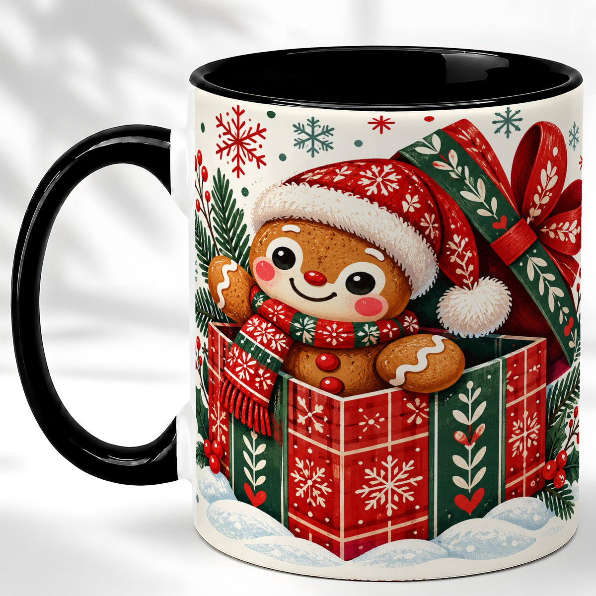 #pl[11oz|Black] Christmas Gingerbread Coffee Mug, Folk Holiday Cookie Mug, Ceramic Cup