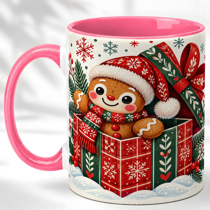 #pl[11oz|Pink] Christmas Gingerbread Coffee Mug, Folk Holiday Cookie Mug, Ceramic Cup