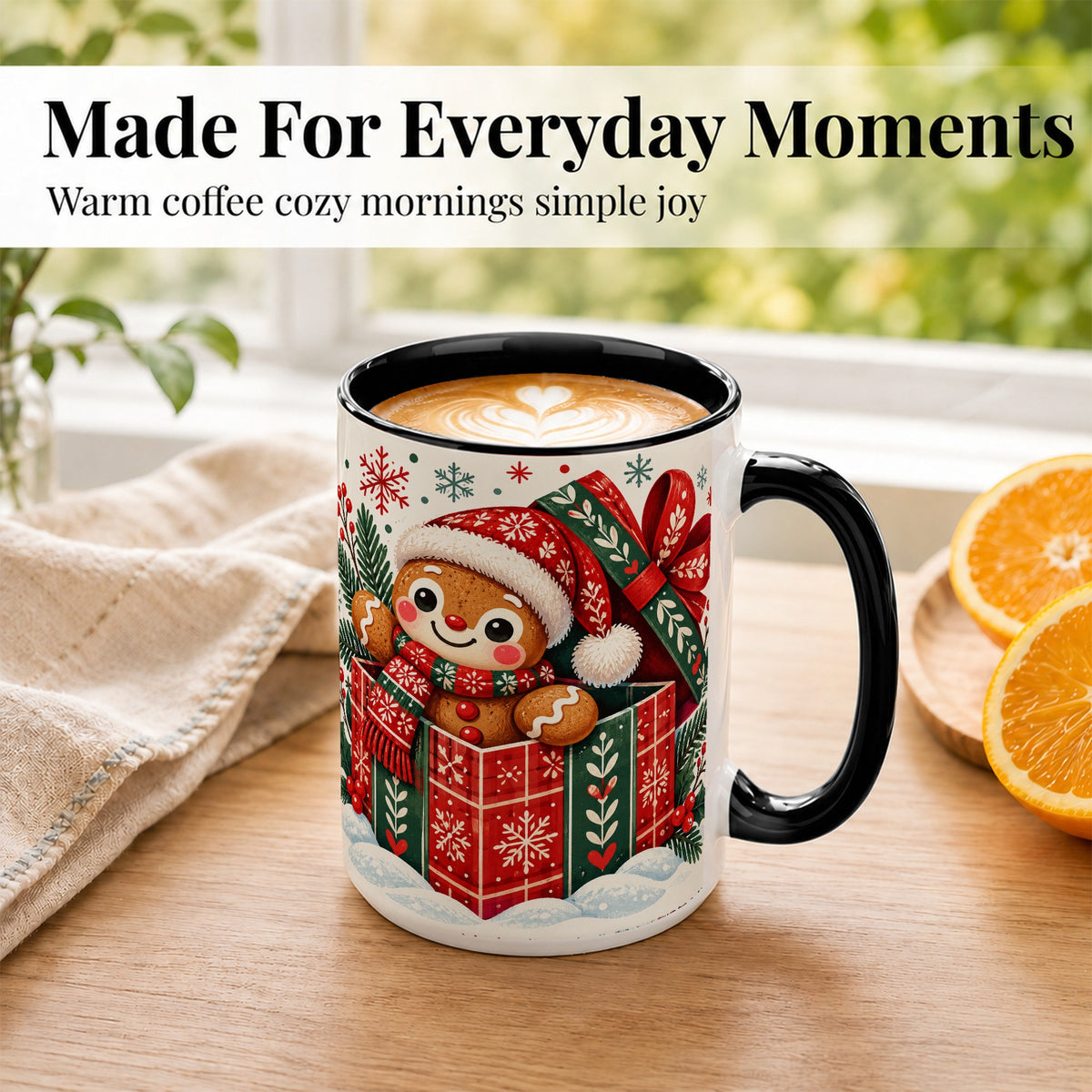 #pl[15oz|Black] Christmas Gingerbread Coffee Mug, Folk Holiday Cookie Mug, Ceramic Cup