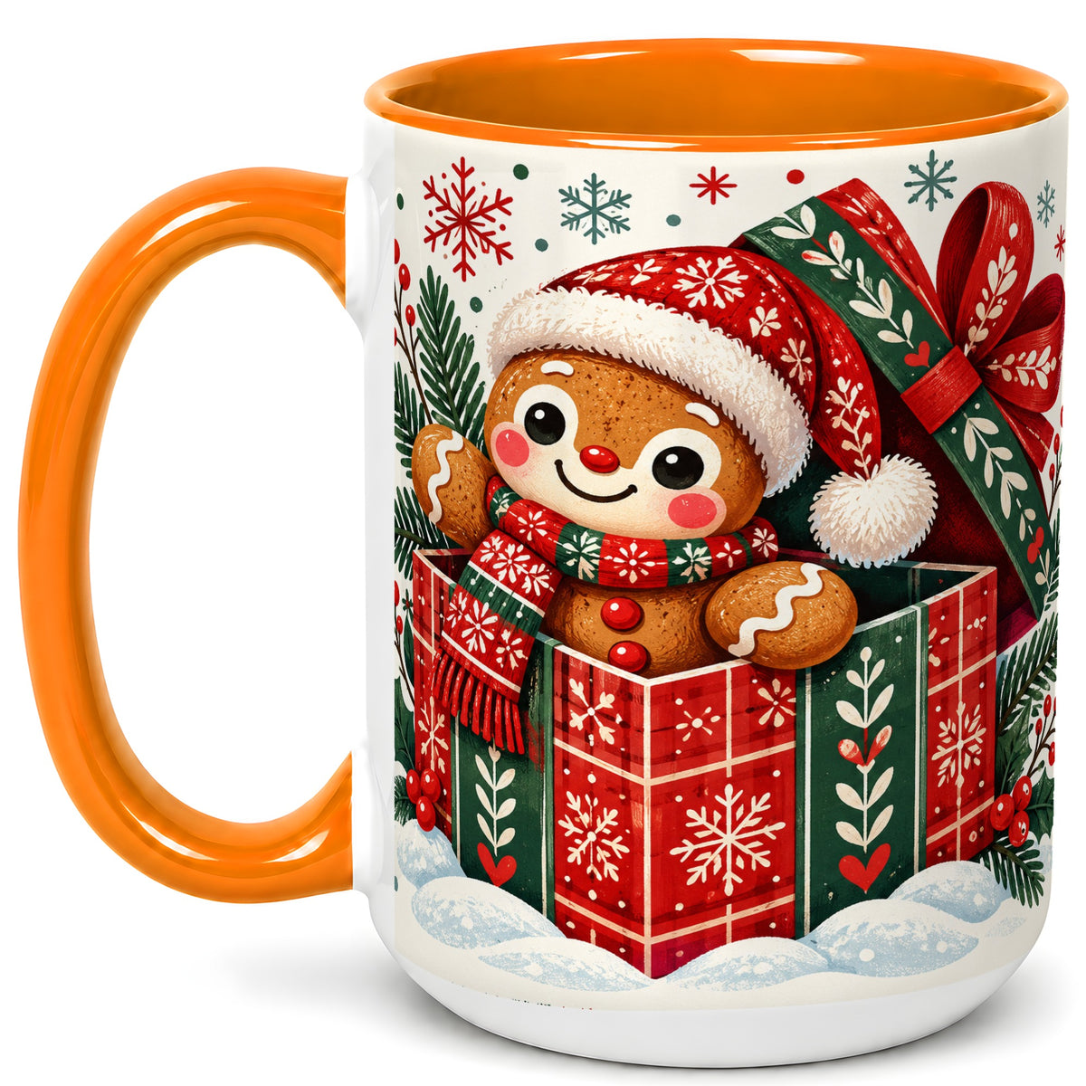 #pl[15oz|Orange] Christmas Gingerbread Coffee Mug, Folk Holiday Cookie Mug, Ceramic Cup