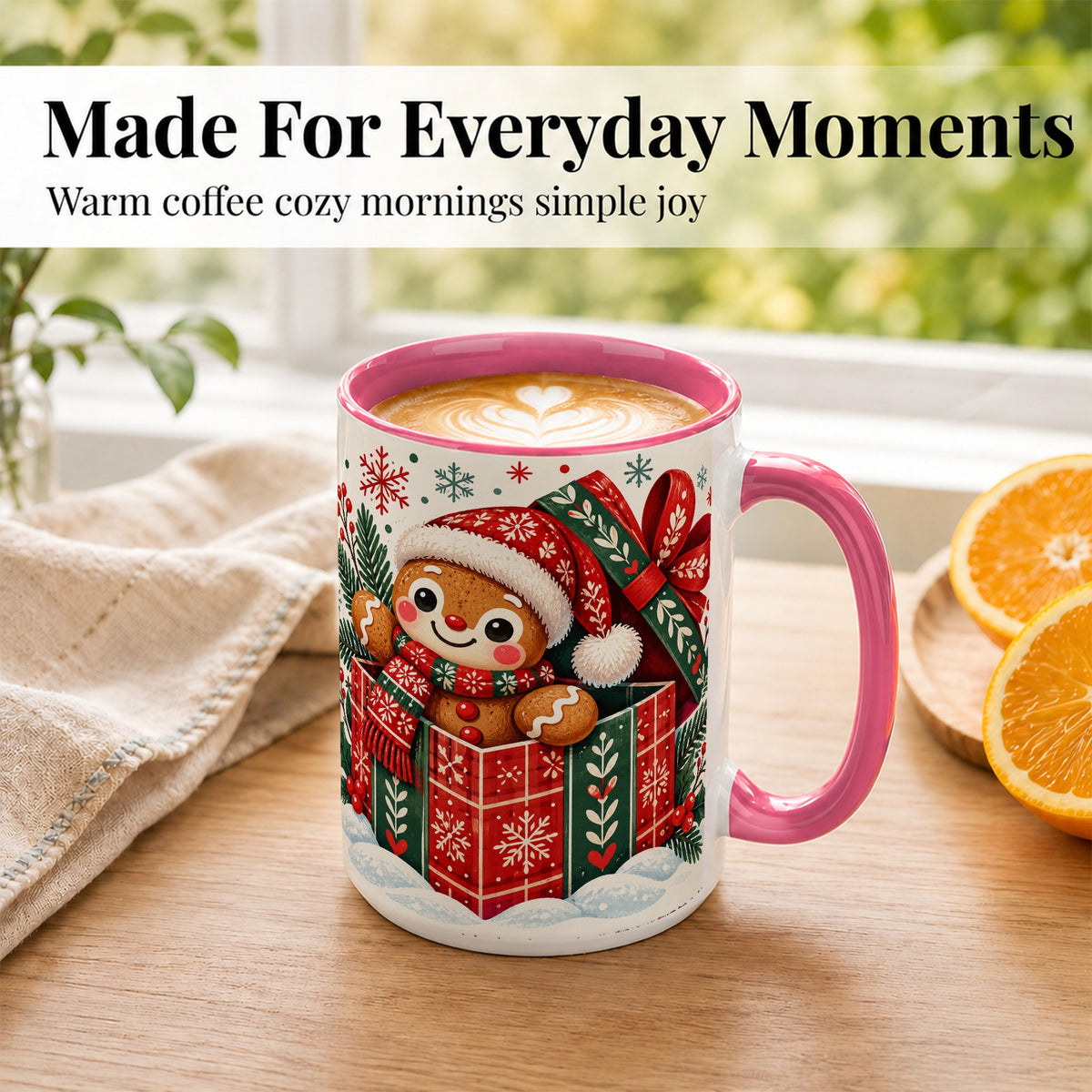 #pl[15oz|Pink] Christmas Gingerbread Coffee Mug, Folk Holiday Cookie Mug, Ceramic Cup