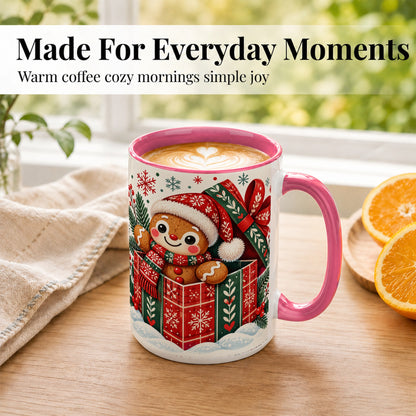 #pl[15oz|Pink] Christmas Gingerbread Coffee Mug, Folk Holiday Cookie Mug, Ceramic Cup