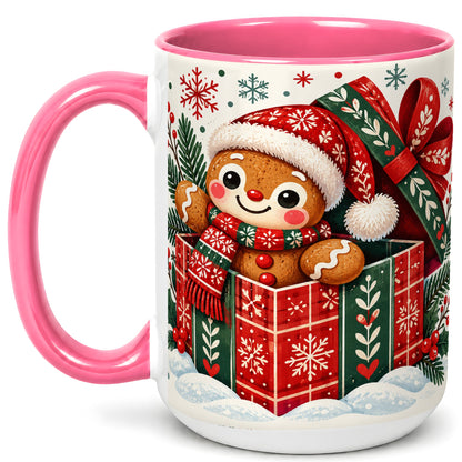 #pl[15oz|Pink] Christmas Gingerbread Coffee Mug, Folk Holiday Cookie Mug, Ceramic Cup