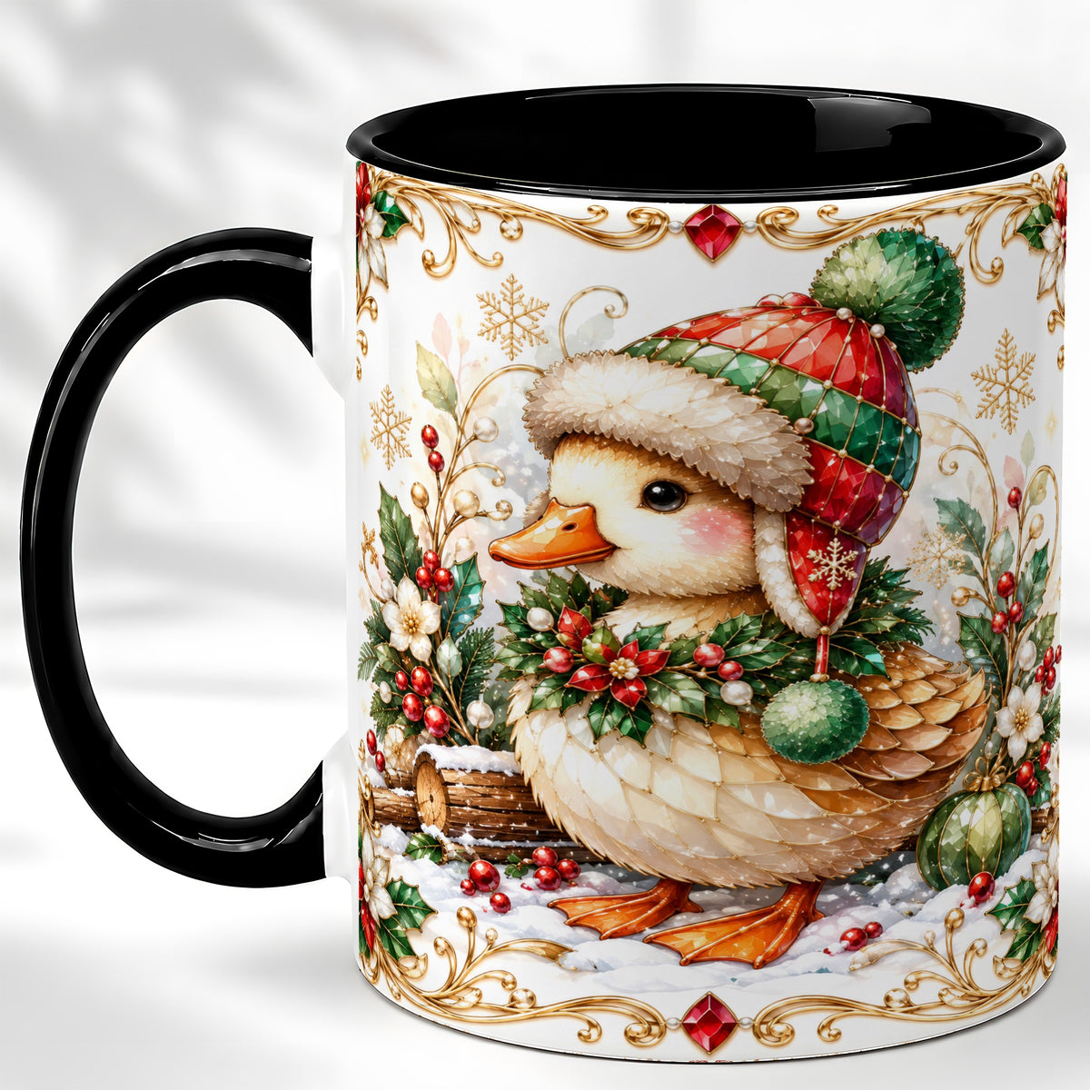 #pl[11oz|Black] Christmas Duck Coffee Mug, Jeweled Winter Duck Mug, Ceramic Cup