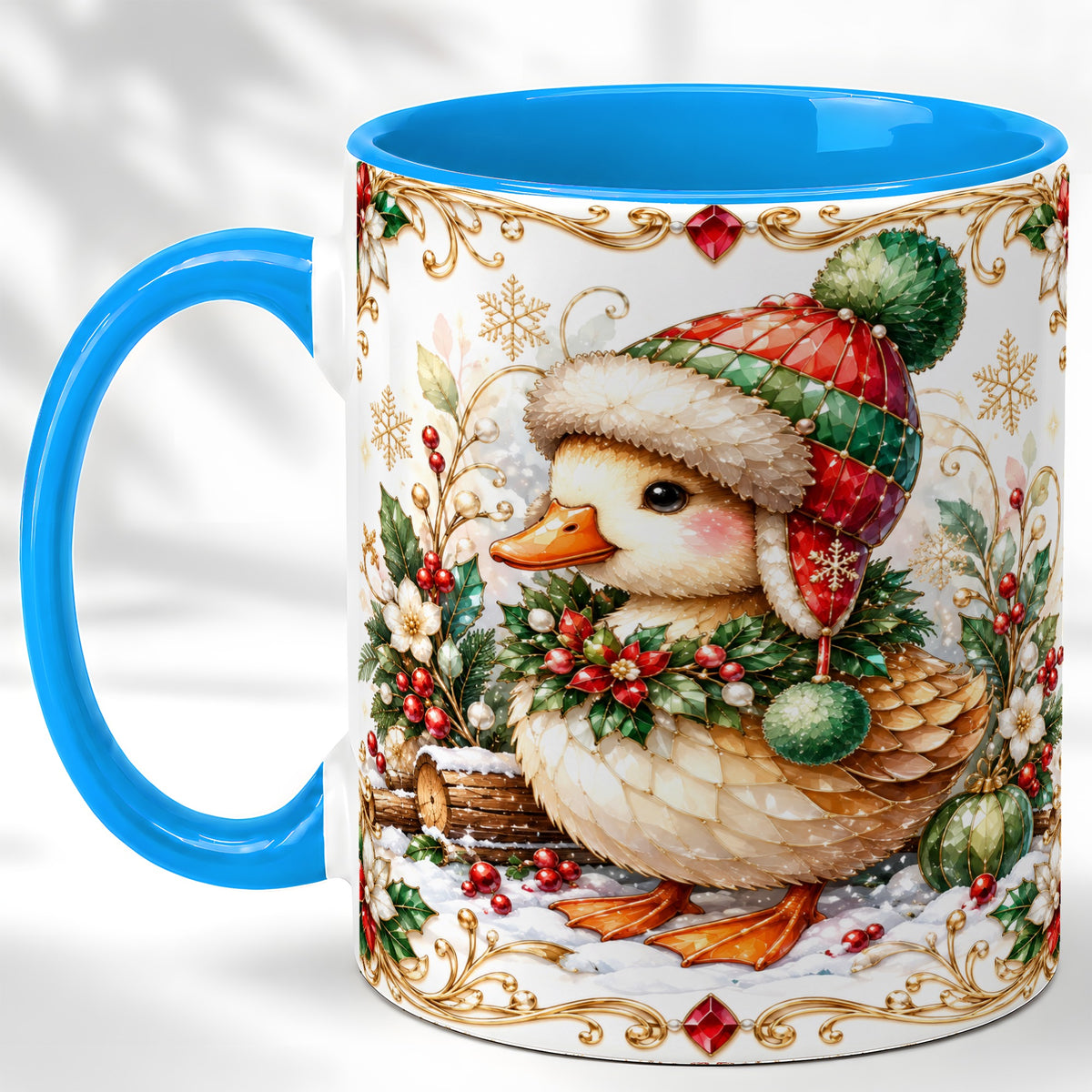 #pl[11oz|Blue] Christmas Duck Coffee Mug, Jeweled Winter Duck Mug, Ceramic Cup