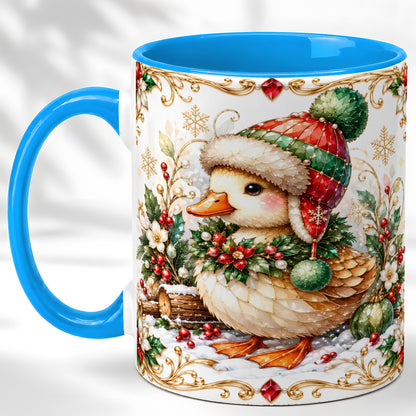 #pl[11oz|Blue] Christmas Duck Coffee Mug, Jeweled Winter Duck Mug, Ceramic Cup