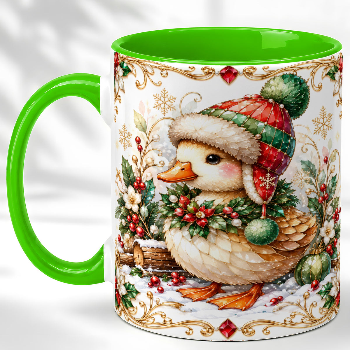 #pl[11oz|Green] Christmas Duck Coffee Mug, Jeweled Winter Duck Mug, Ceramic Cup