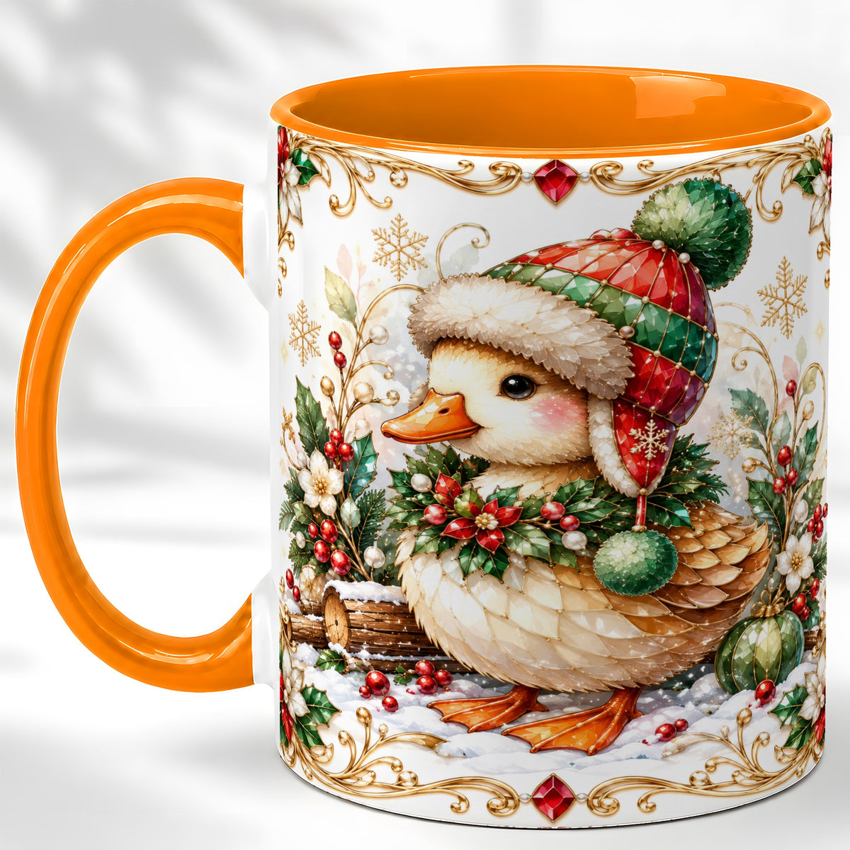 #pl[11oz|Orange] Christmas Duck Coffee Mug, Jeweled Winter Duck Mug, Ceramic Cup