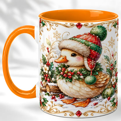#pl[11oz|Orange] Christmas Duck Coffee Mug, Jeweled Winter Duck Mug, Ceramic Cup