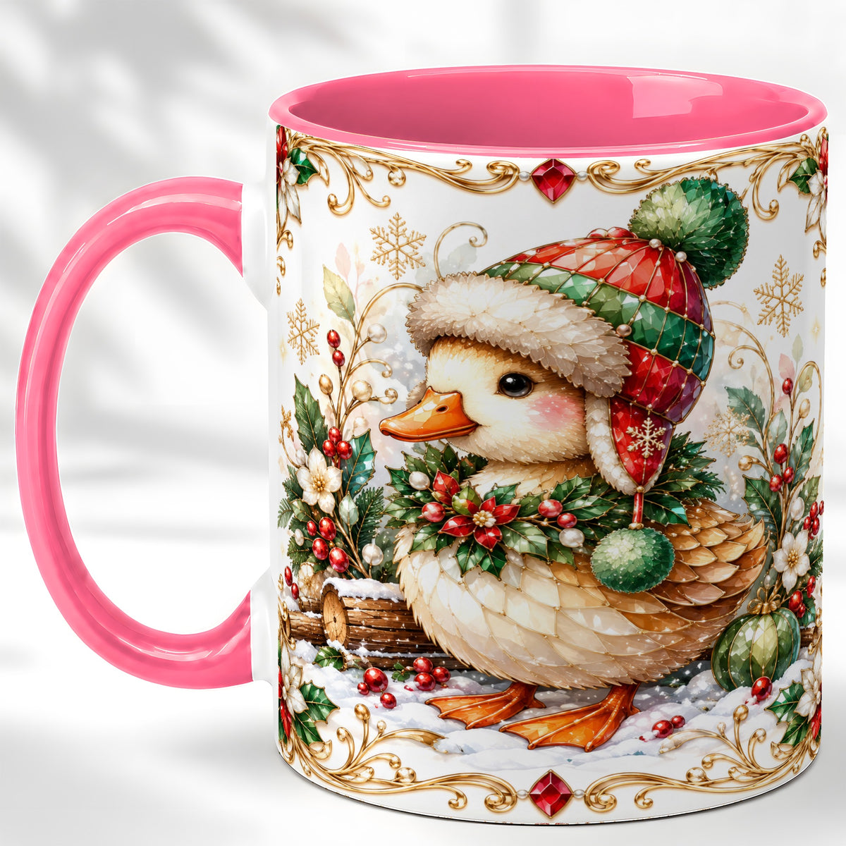 #pl[11oz|Pink] Christmas Duck Coffee Mug, Jeweled Winter Duck Mug, Ceramic Cup