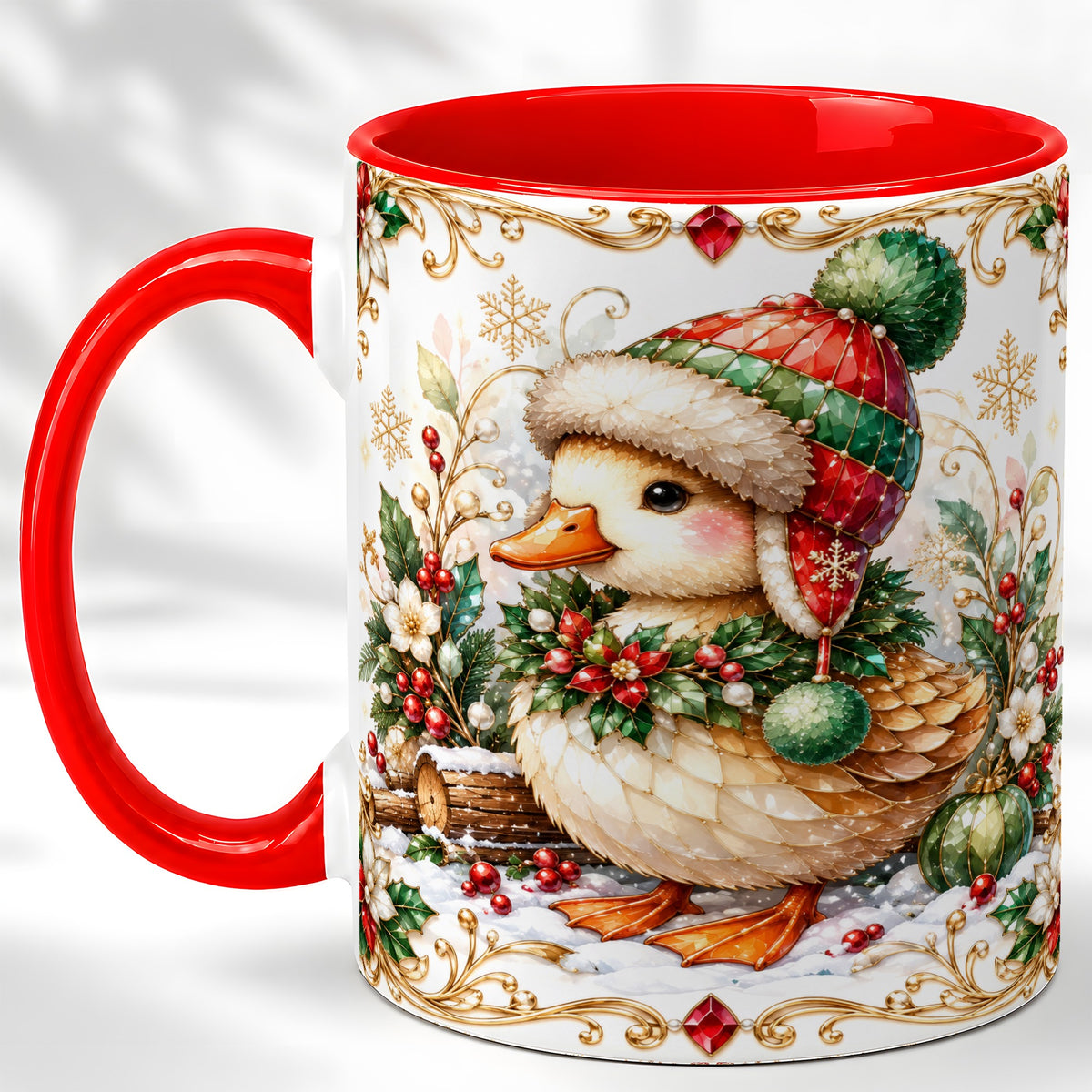 Christmas Duck Coffee Mug, Jeweled Winter Duck Mug, Ceramic Cup
