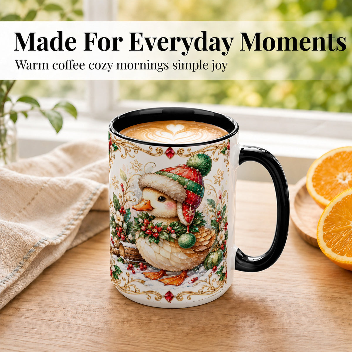 #pl[15oz|Black] Christmas Duck Coffee Mug, Jeweled Winter Duck Mug, Ceramic Cup