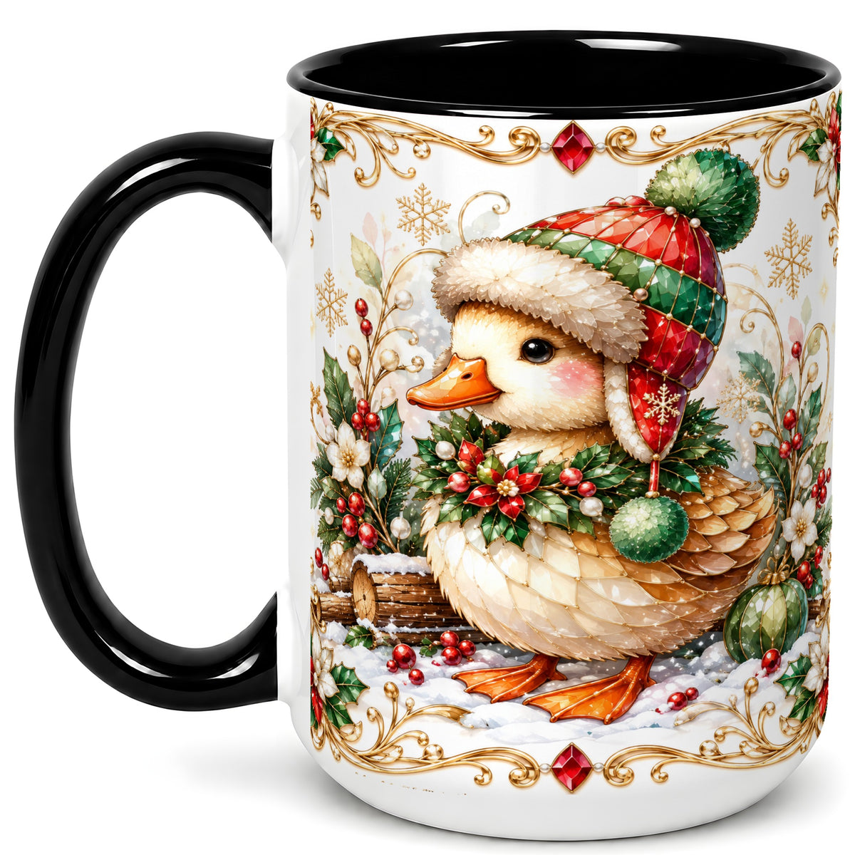 #pl[15oz|Black] Christmas Duck Coffee Mug, Jeweled Winter Duck Mug, Ceramic Cup