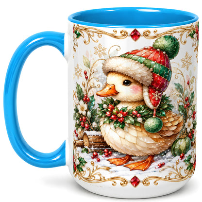 #pl[15oz|Blue] Christmas Duck Coffee Mug, Jeweled Winter Duck Mug, Ceramic Cup