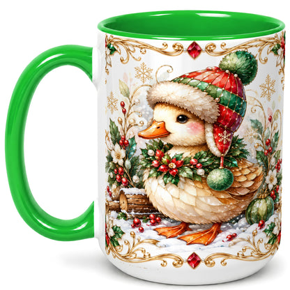 #pl[15oz|Green] Christmas Duck Coffee Mug, Jeweled Winter Duck Mug, Ceramic Cup